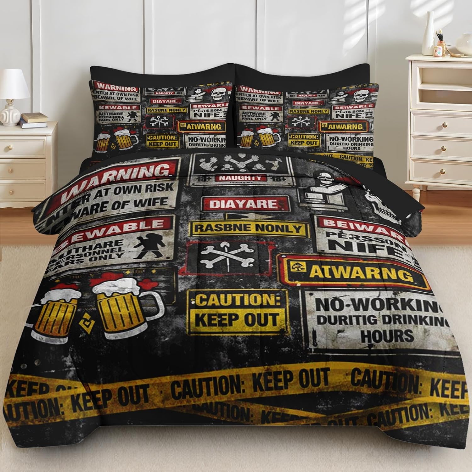 Queen Comforter Set, 7 Pieces Funny Vintage Bedding Set