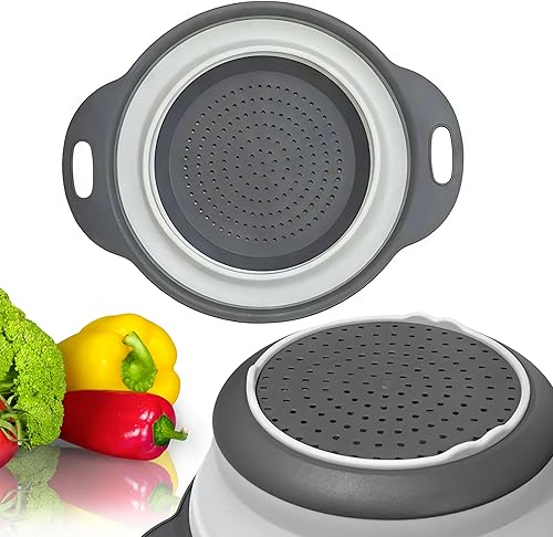 Colador redondo de silicona blanco plegable, colador de cocina blanco, pequeño colador plegable blanco con asas de plástico para drenar verduras y
