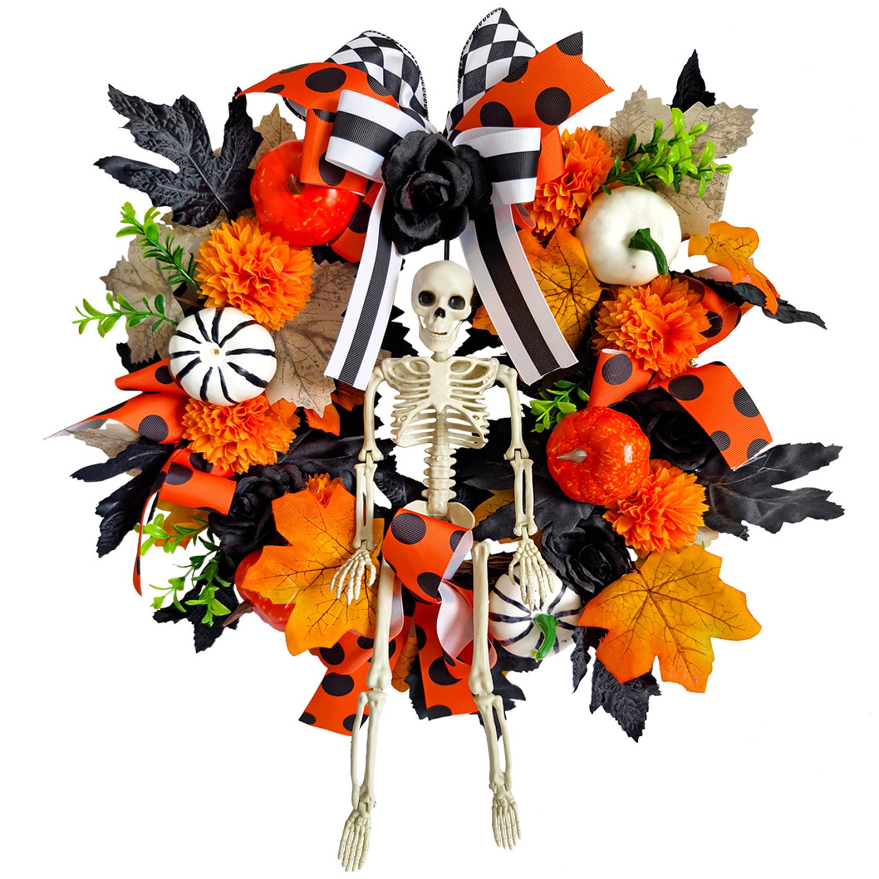 Couronne de Porte d'Halloween Finie les Décos Fades Squelette Ruban