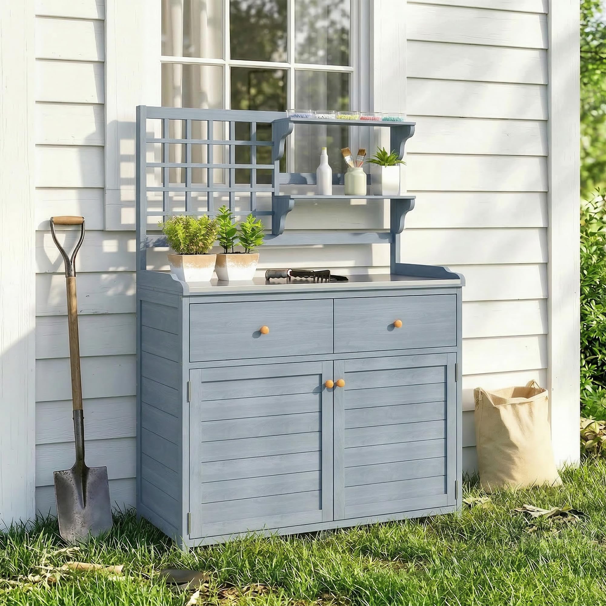 Outsunny Pflanztisch mit Unterschrank aus Holz Outdoor Gartenschrank mit verzinkter Arbeitsplatte 2 Schubladen wetterfest Gärtnertisch Geräteschrank für Garten Balkon Terrasse 104x44x140 cm Hellgrau