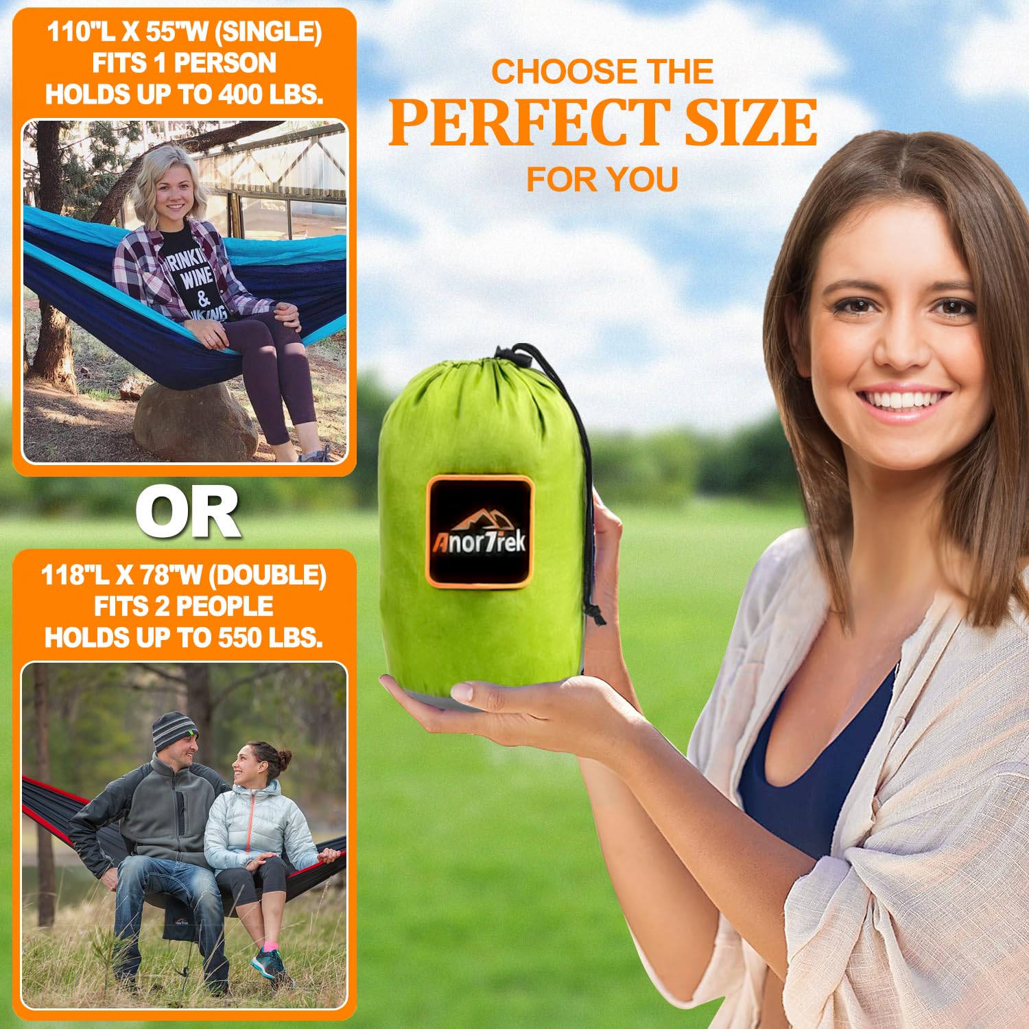 Anortrek Hamak outdoorowy dla 1 osoby, 280 x 140 cm, nośność 250 kg, ultralekkie akcesorium kempingowe z paskami na drzewo, oddychający nylonowy hamak podróżny do wędrówek i ogrodu