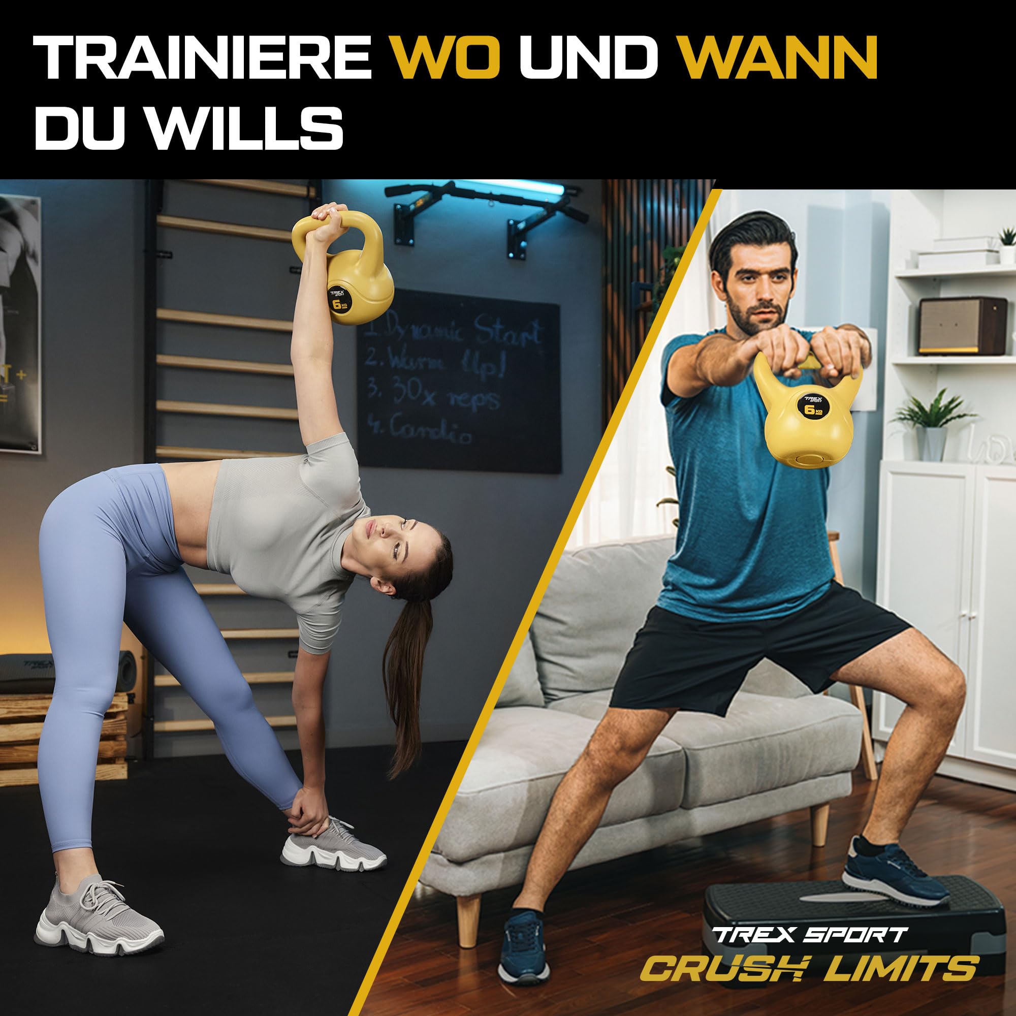 TREX SPORT Kettlebell 6kg, 8kg, 10kg, 12kg, 16kg, 20kg TX-006-020CKB | Kugelhantel & Kugelgewichte für Ganzkörper-Workout | rutschfester Griff, bodenschonend