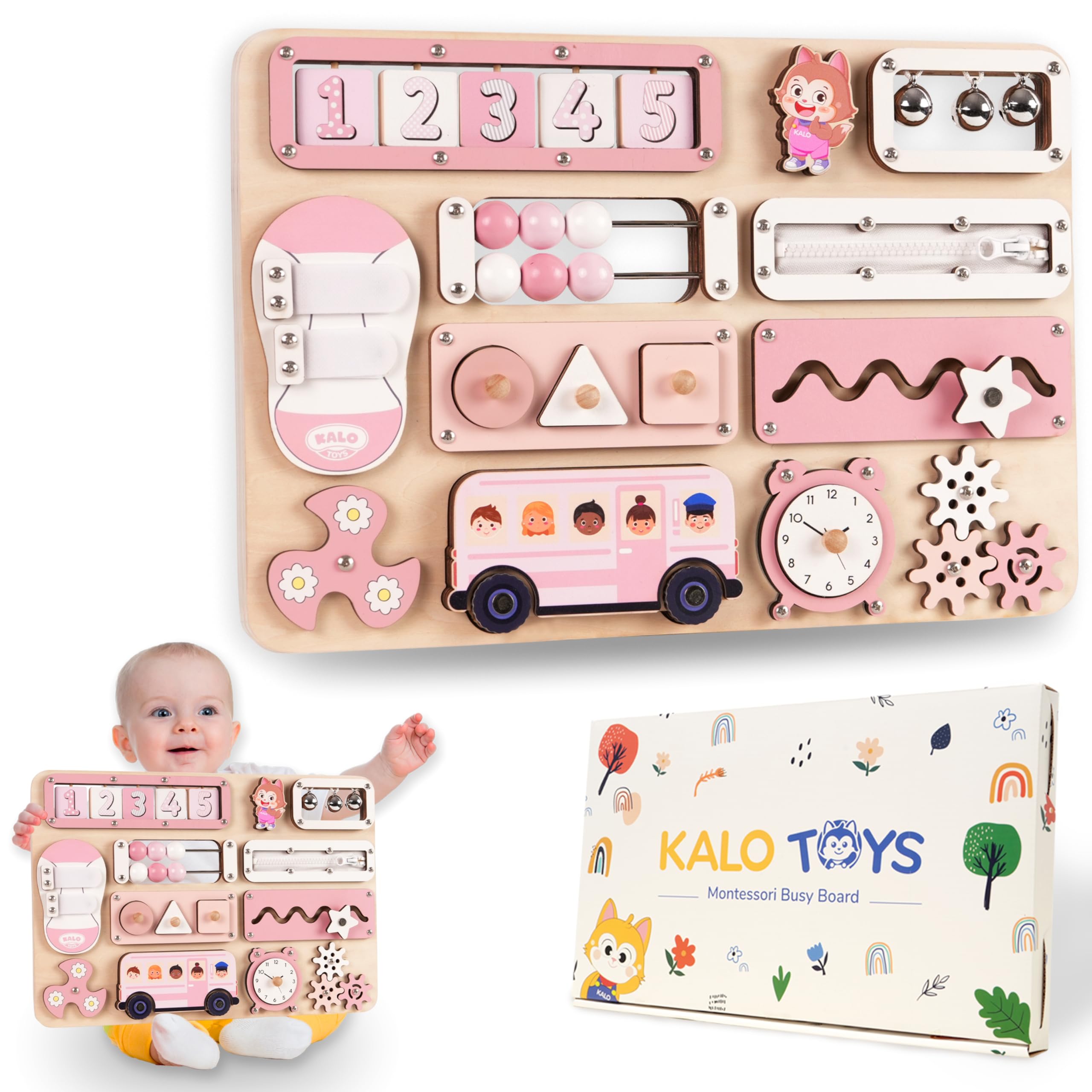 KALOTOYS Large Montessori Busy Board for Baby & Toddlers 1-3 — 17-Inch Wooden Sensory Activity Board — Fine Motor Skills & Early Learning Educational Toy for 1 2 3 Year Old, Travel Friendly & Safe