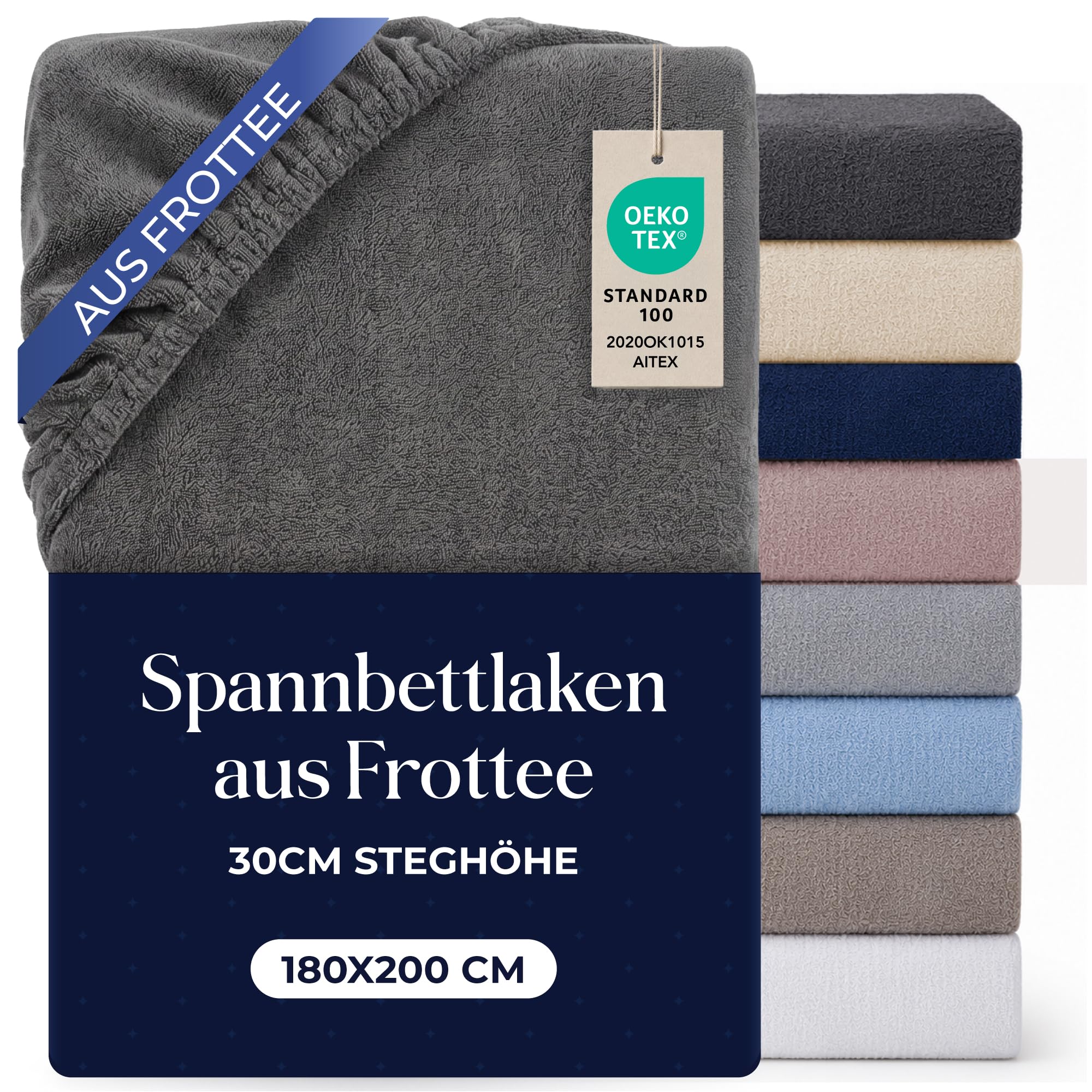 Dreamzie Spannbettlaken 180x200 Anthrazit - Frottee 80% Baumwolle, Oeko-Tex