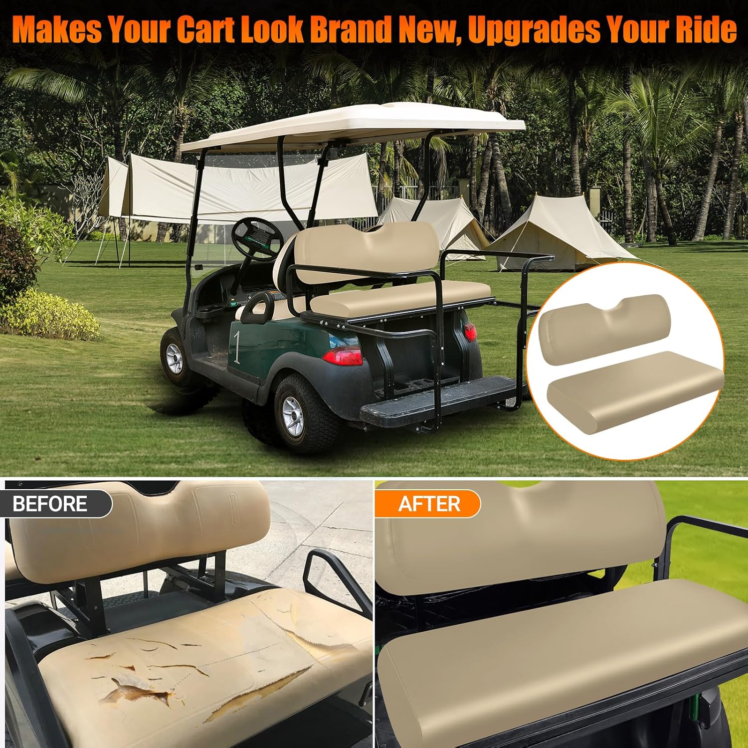 Golf Cart Rear Seat Covers Staple On Replacement for Aftermarket Rear Seat, Beige Leather