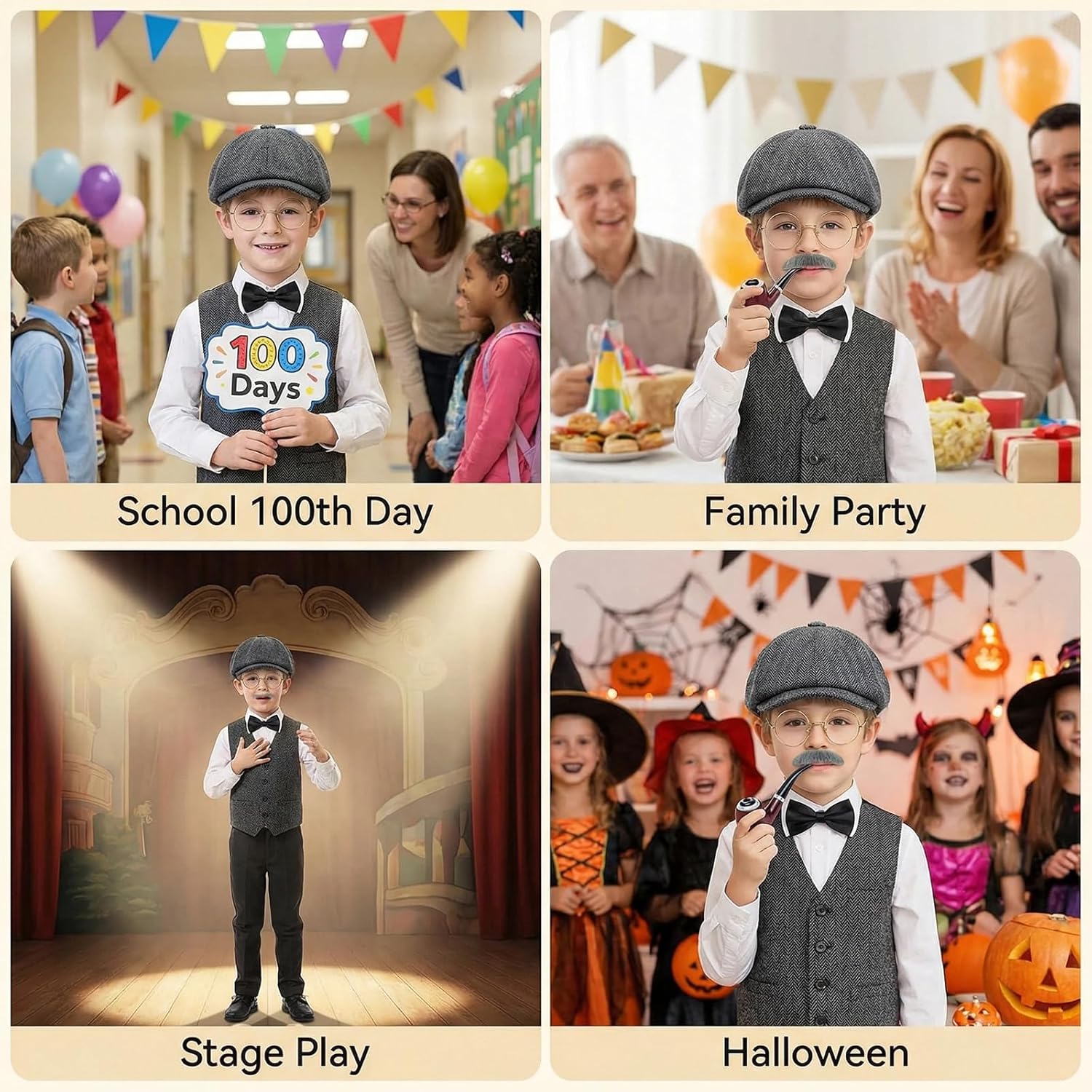 Old Man Costume, Old Person Costume Kids, Old Man Costume for Boys, Kids 100 Days of School Costume for Boys, Includes Hats, Glasses, Ties, Fake Beards/Eyebrows, and Costume Props Black - Image 5