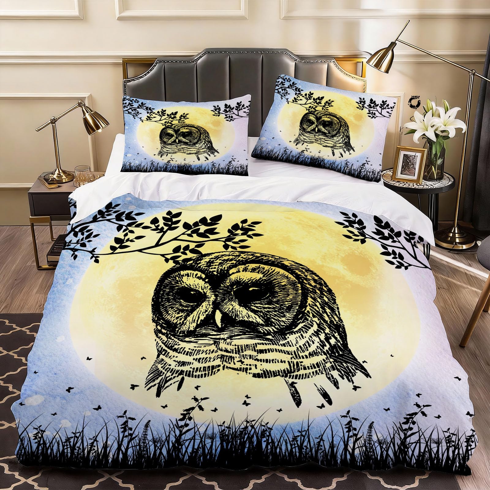 3D Owl Bird Duvet Cover Cartoon Bedding Super King Bed Set, Soft Microfiber Comforter Cover Printed with Zipper Closure Quilt Coverr 260x220 cm and 2 Pillowcases