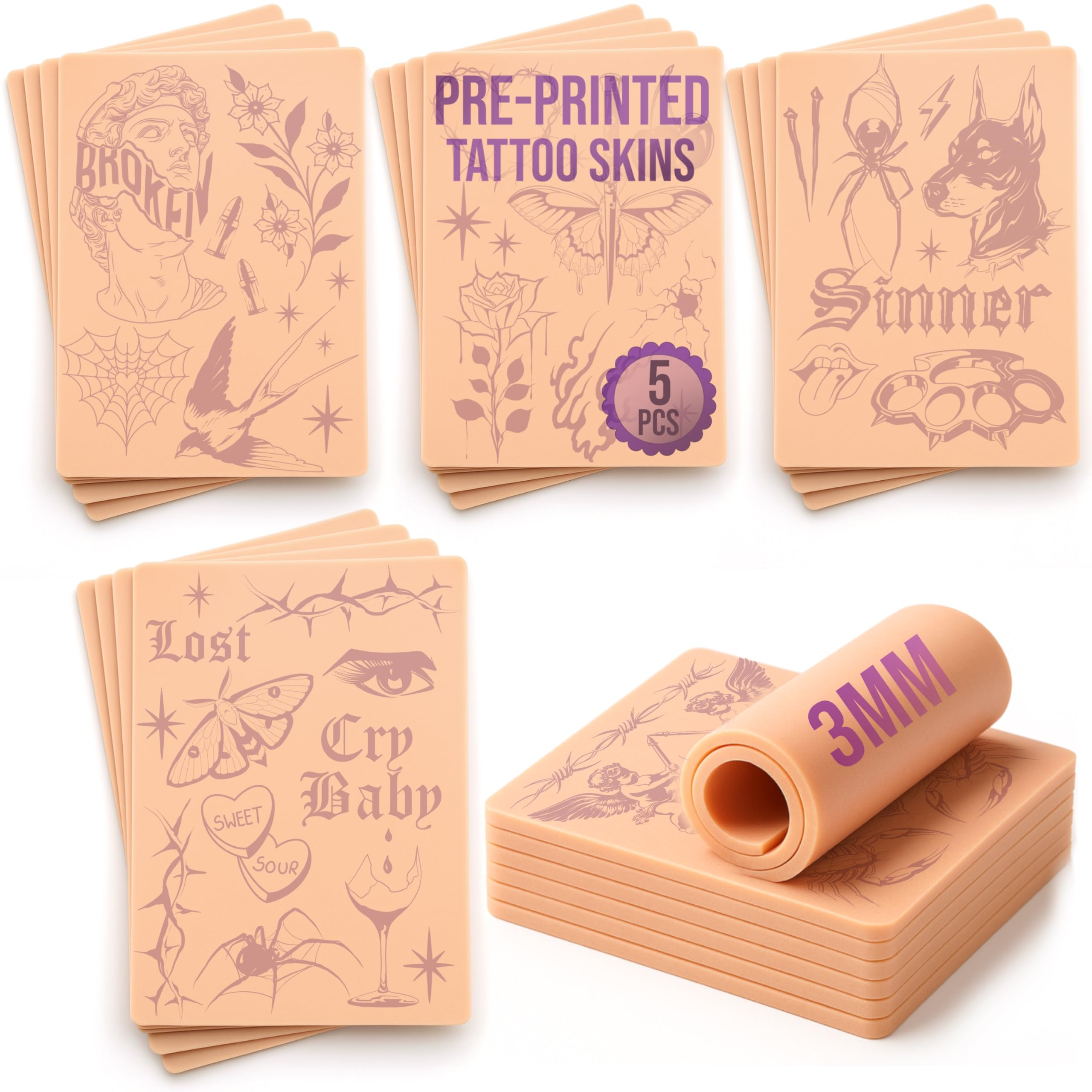 Skin pre-stampate per esercitazioni tatuaggi, set di 5 design