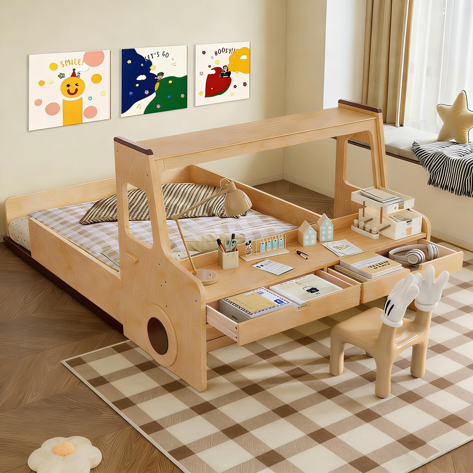 Bellemave Full Kids Floor Bed with Desk, Storage Drawers and Windows, Full Size Platform Bed in Car-Shaped for Kids Boys Girls, Natural
