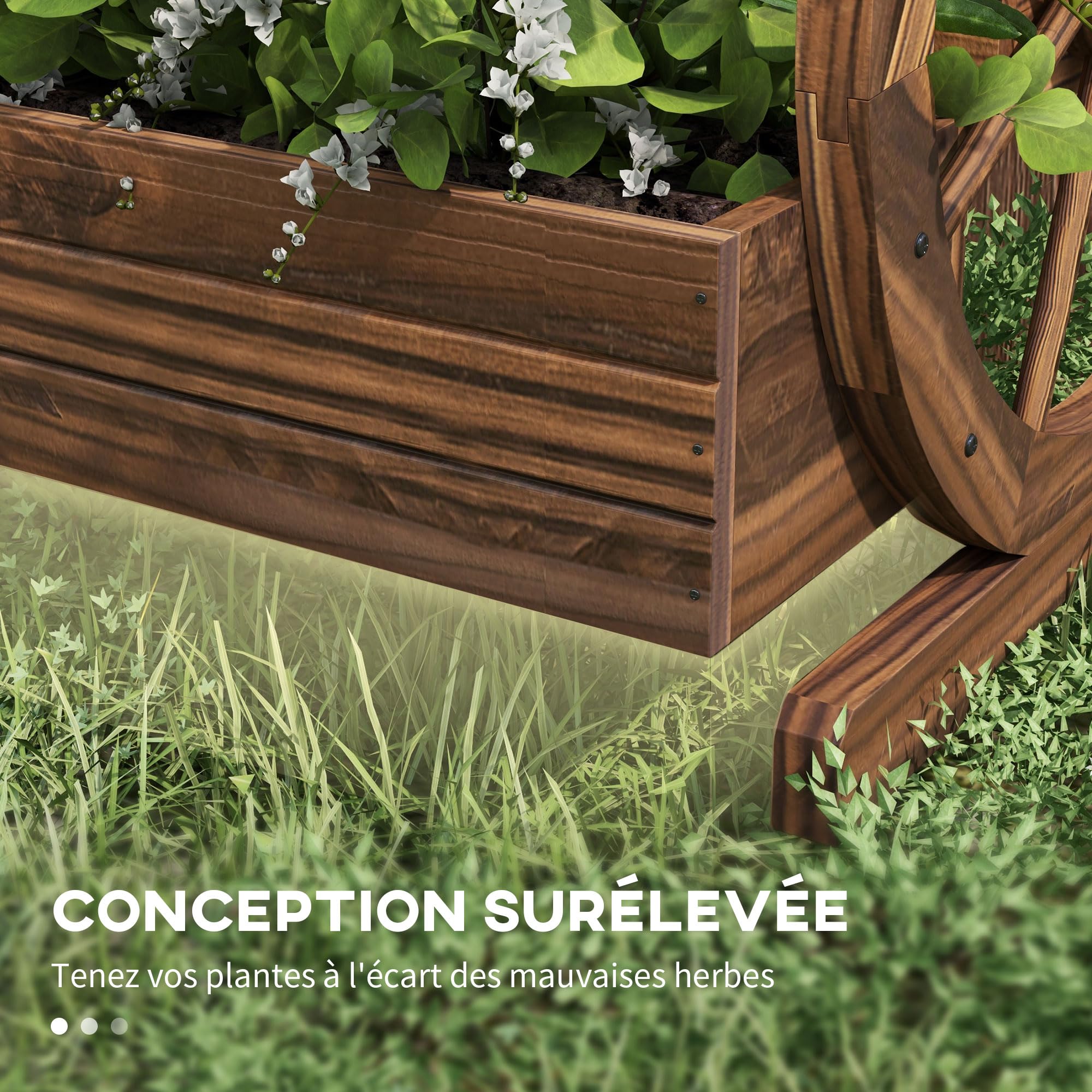 Outsunny Jardinière sur Pieds carré Potager 3 étages Style Rustique Chic avec 2 Roues Charrette Bois Sapin, Trous de Drainage, dim. 62L x 61l x 57H cm Marron