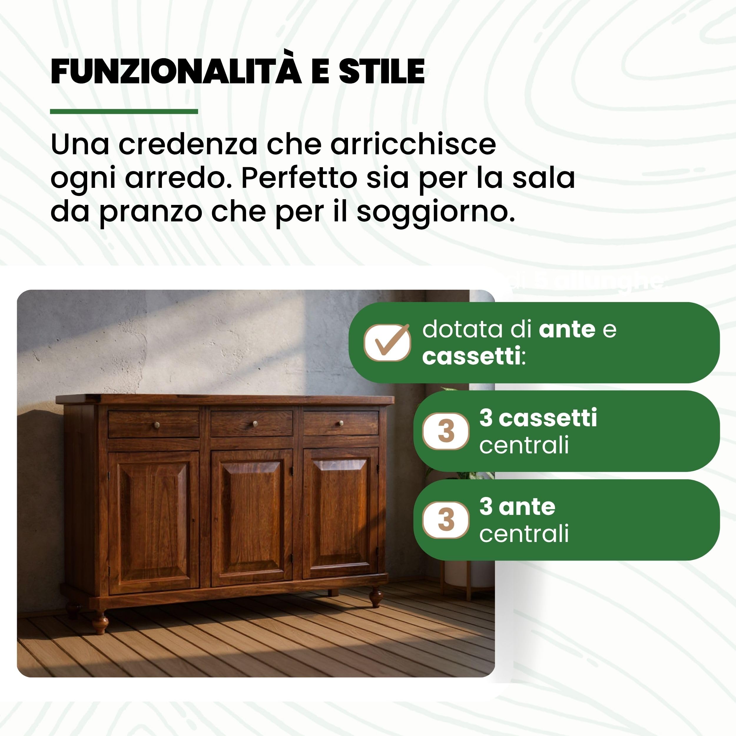 Mar.c.a. Design - Credenza Arte Povera con 3 Ante e 3 Cassetti - Madia Legno 150x43x98 cm con Piedini Made in Italy