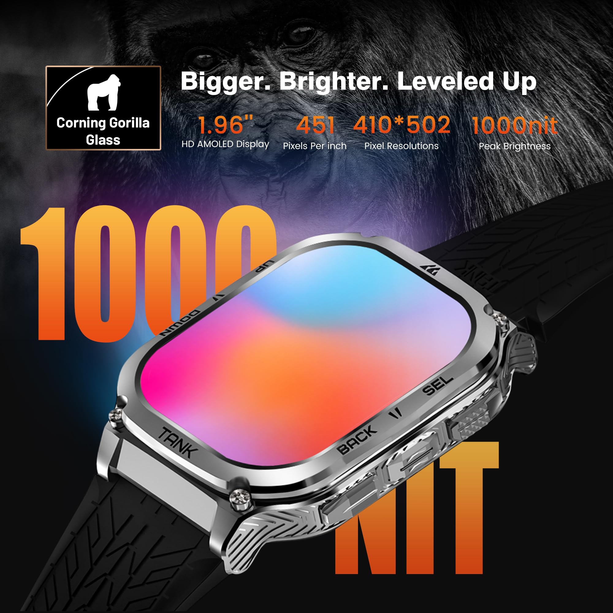 KOSPET TANK M3 Smartwatch Uomo, 1.96" AMOLED HD Display, Orologio Uomo Rispondere/Fare Chiamate, 170 Modalità Sportive, 5ATM Impermeabile, Corpo in Acciaio Inox Metallico per Android/iOS (Argento)