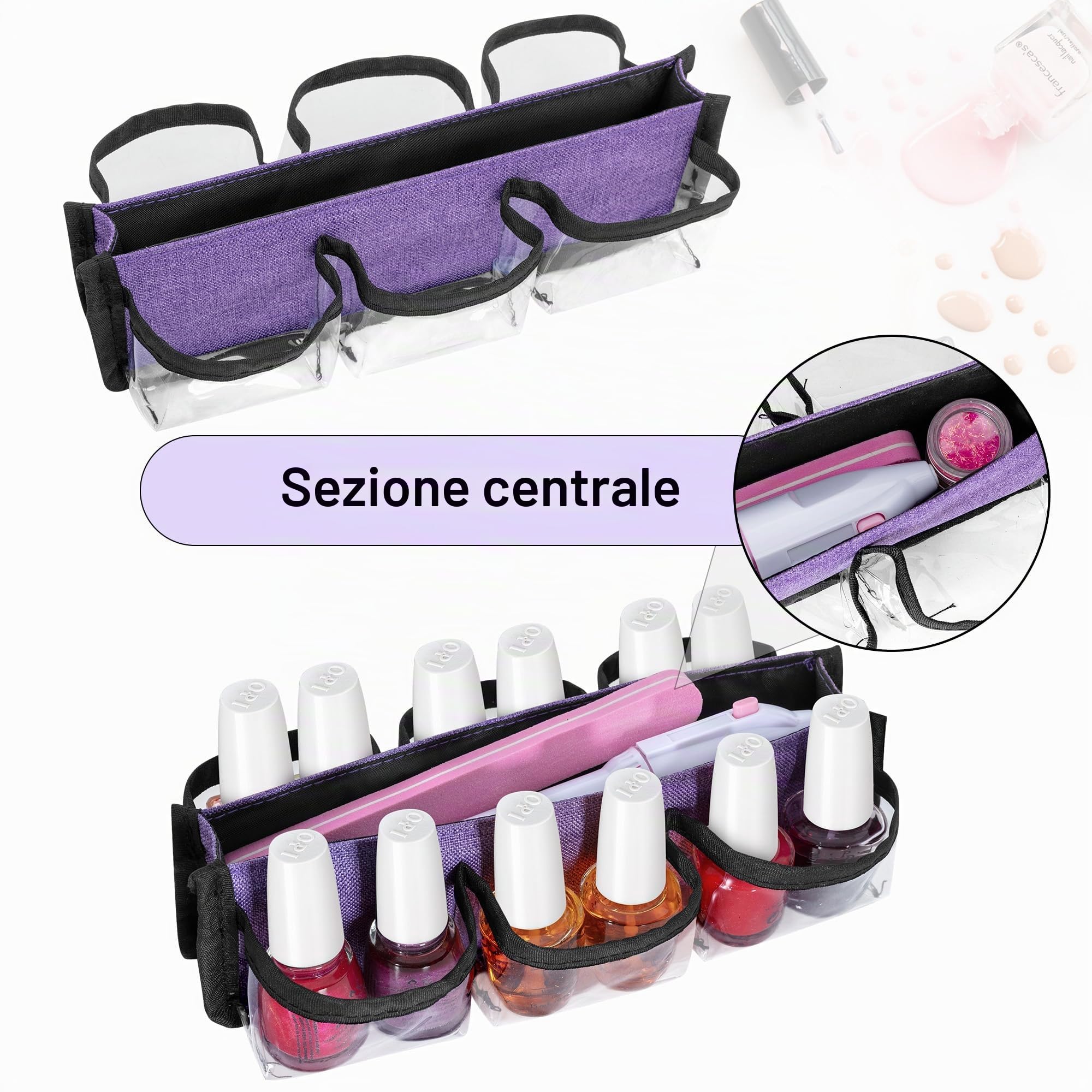 BAFASO Borsa Organizer per Smalti Trasparente Contiene 12 Flaconi, Viola | Valigetta Porta Smalti per Unghie in PVC con Tasche Interne Rimovibili, Solo Borsa, 15 ml - 0,5 fl.oz (Brevettato)