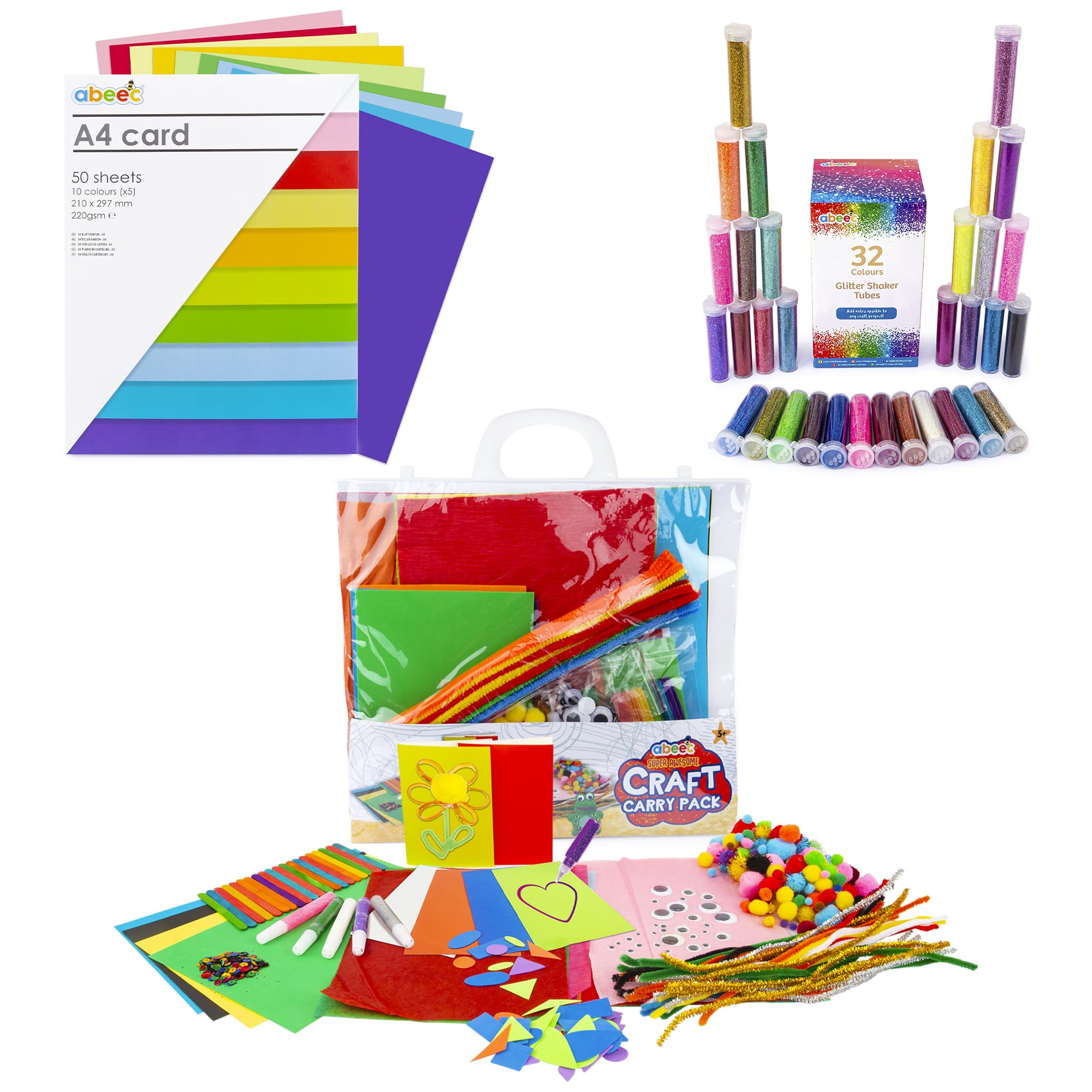 Abeec Mixed Kids Craft Bundle – Includes A5 Coloured Card Pack, 32 Glitter Shaker Tubes, And Craft Carry Pack With Glue, Pom Poms, And More – Ideal Arts And Crafts Kit For Creative Kids