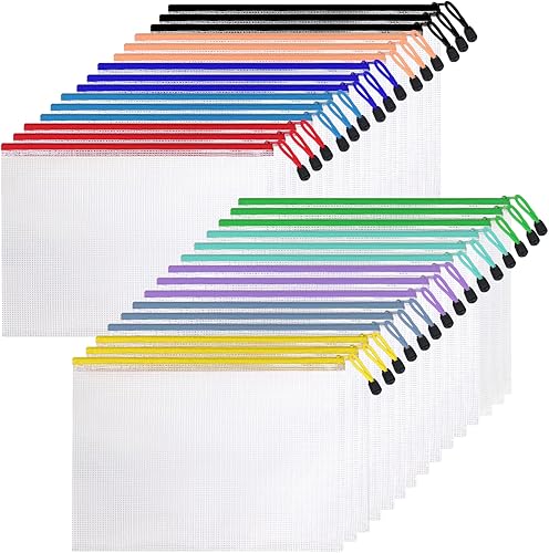 30 bolsas de malla con cremallera, bolsas impermeables tamaño A4, con 10 colores, para organizar suministros de oficina, juegos de mesa,