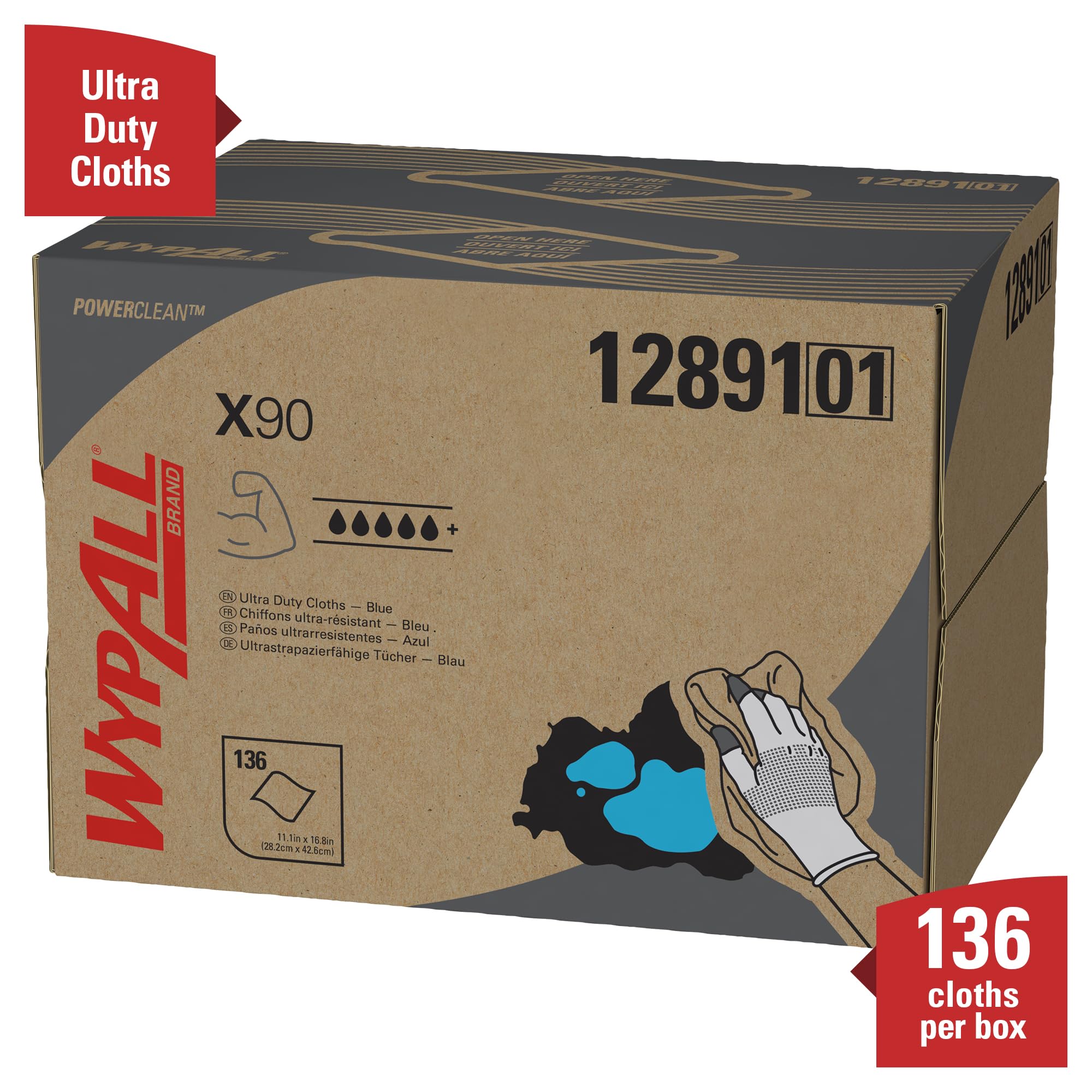 Chiffons WypAll X90 Power Clean 12891 - 1 boîte distributrice BRAG de 136 chiffons bleus, 2 épaisseurs