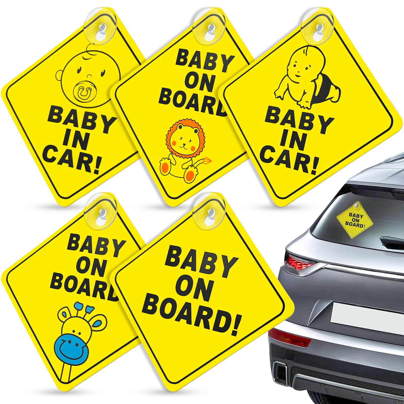 5 sztuk naklejek Baby on Board, 12 x 12 cm, z podwójnymi przyssawkami, naklejki wielokrotnego użytku na szyby samochodowe