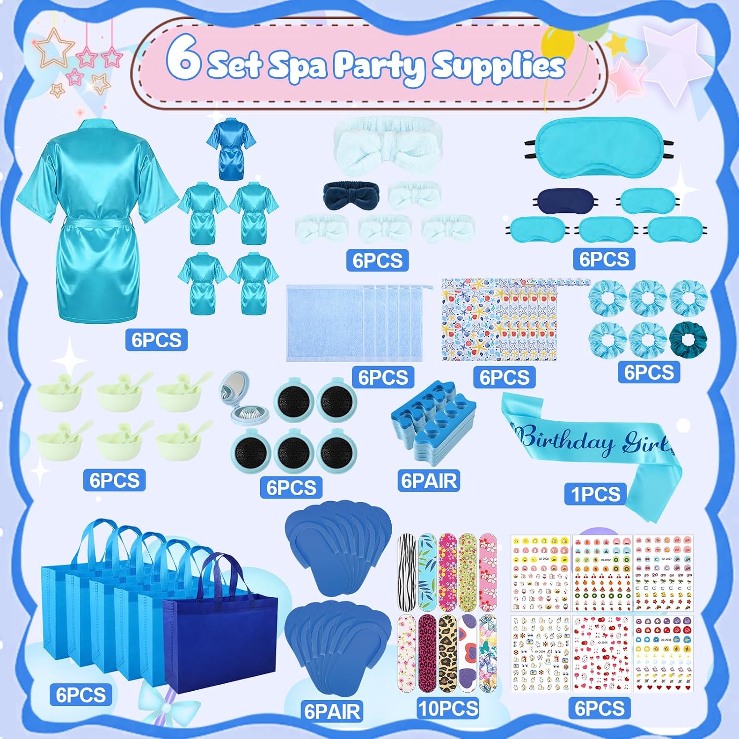 6 Set Girls Spa Party Supplies Kit 83 PCS Includes Satin Robes Headbands Slippers Nail Kit Masks Towel Brush Set for Birthday Sleepover Blue Birthday Theme