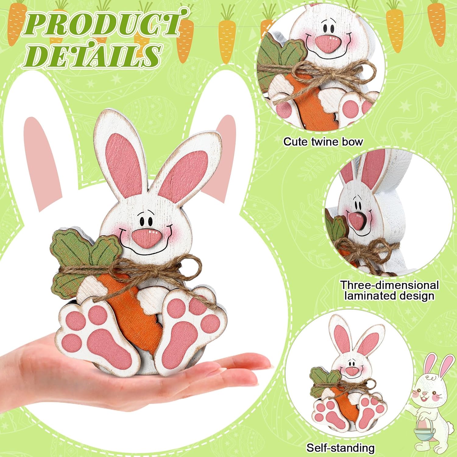 Yerliker 5 Pcs Rustic Easter Bunny Signs for Table Centerpieces Wooden Easter Tabletop Decor Vintage Rabbit Table Sign with Rope Bow Carrot Flower for Tray Desk Shelf Office Home Party Supplies - Image 3