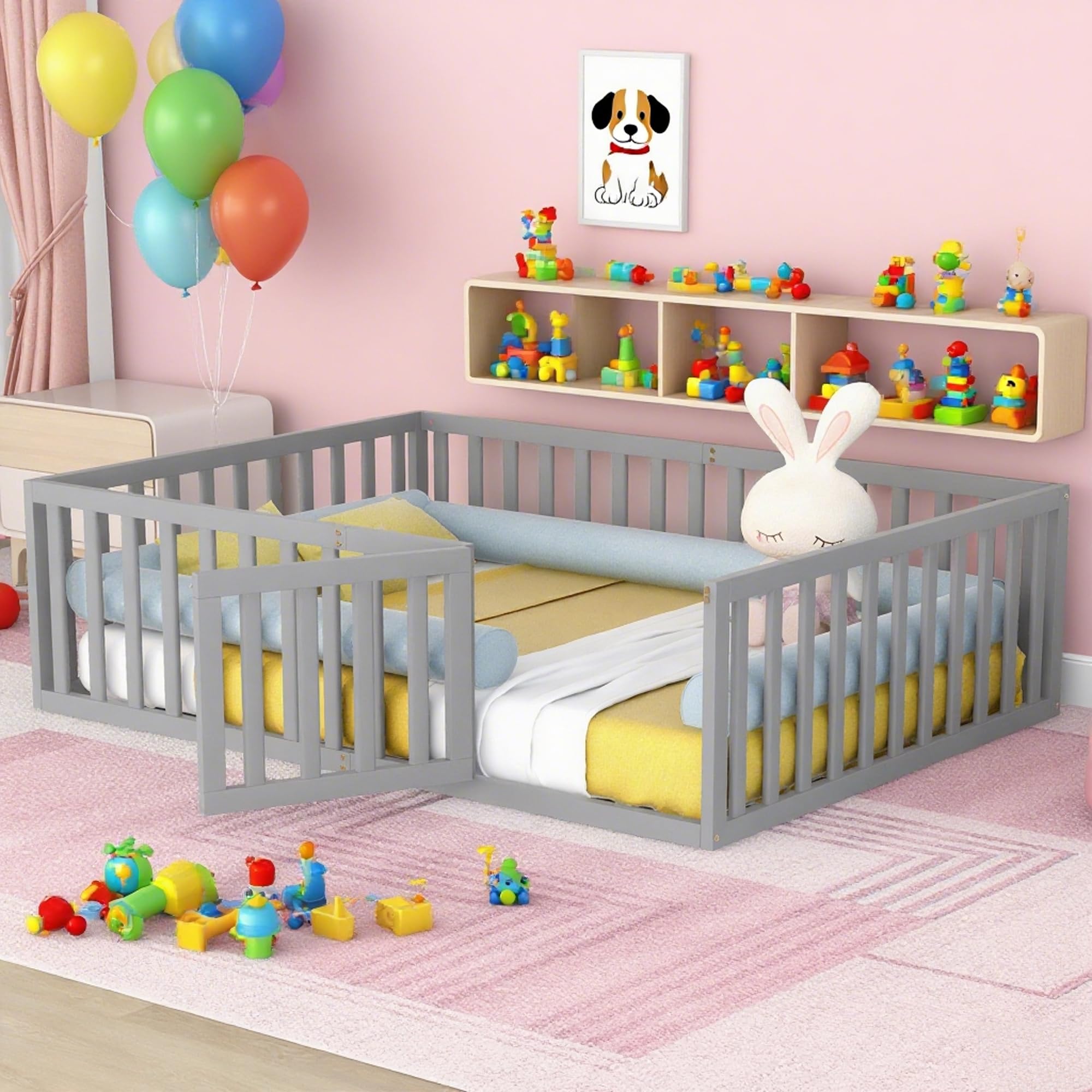 Bellemave Full Size Floor Bed with Fence and Door, Kids Montessori Floor Bed Without Slats, Cute Montessori Bed for Kids, Girls, Boys, Wood Floor Bed(