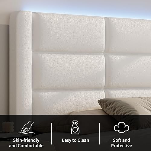 Miniatura 4 de Base de cama Queen con cabecero tapizado y luces LED, moderno marco de cama de piel sintética con soporte de listones de madera y base de colchón