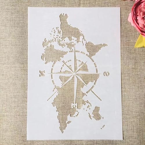 Plantillas reutilizables para pintar sobre madera, plantillas para manualidades, A4 11.4 in, brújula, mapa del mundo, plantillas de capas,