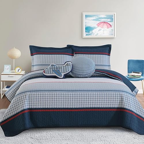 Finlonte Juego de edredón tamaño individual, bonito diseño de rayas azul marino y blancas para niños y niños, colcha ligera de algodón, disponible en Yaxa Venezuela