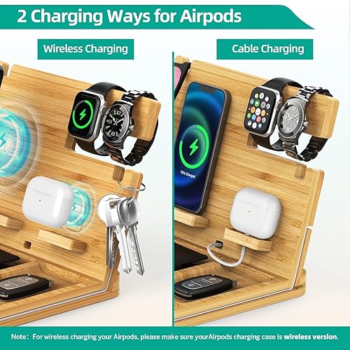Miniatura 3 de OTESS - Estación de carga inalámbrica 6 en 1 de bambú compatible con iPhoneAirPods organizador de mesita de noche con soporte para llaves soporte de
