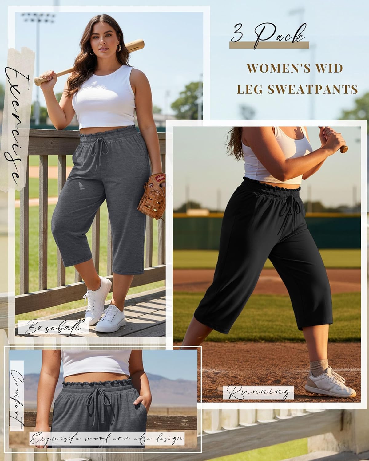 Neer 3 Pack Women's Plus Size Capris High Waisted Drawstring Wide Leg Cropped Sweatpants Lounge Yoga Pants with Pockets - Image 4