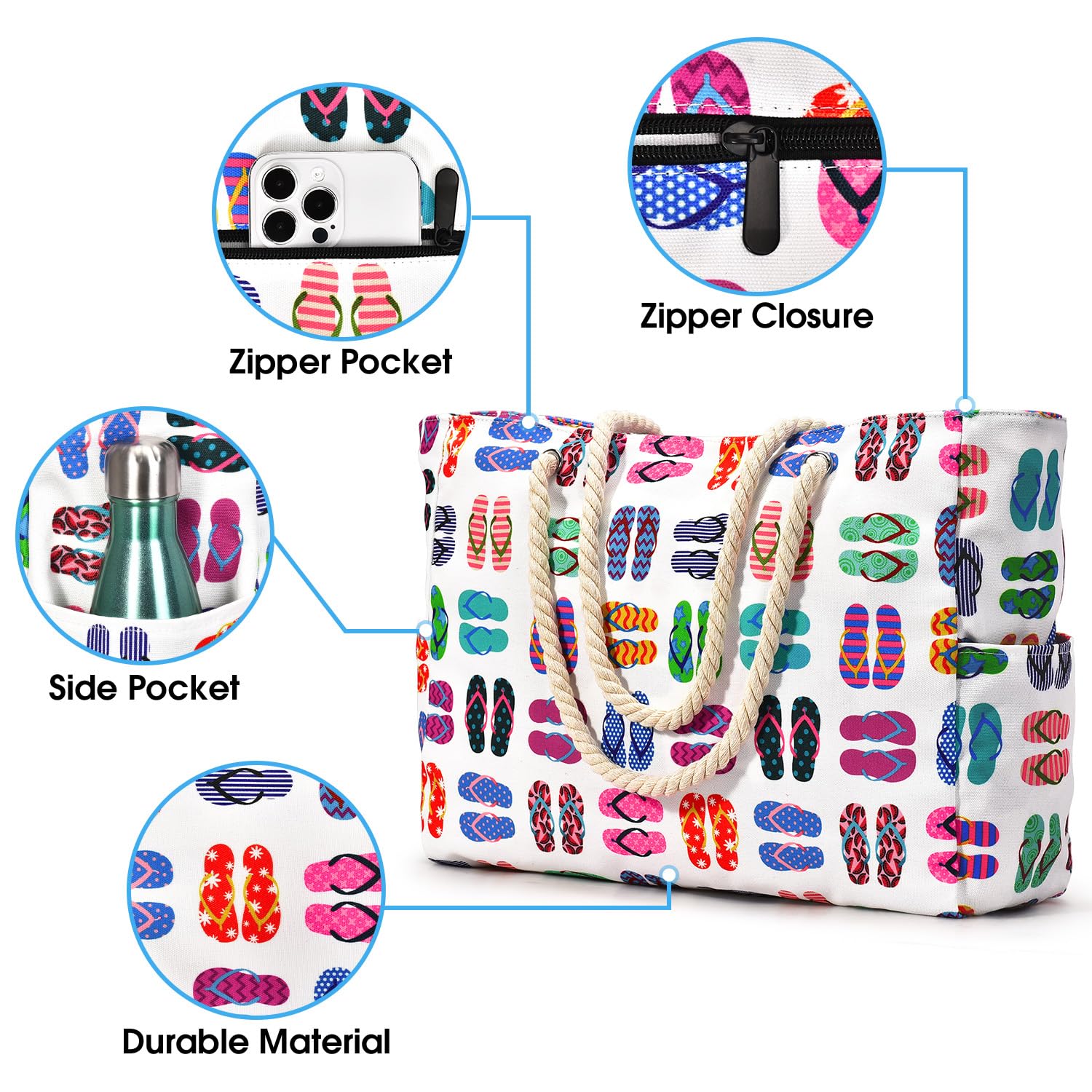 oscaurt Sac de plage à rayures - Sac de plage étanche - Grand sac de plage avec fermeture éclair - Sac de shopping pour femme - XXL - Famille - Sac de courses - Sac à bandoulière - Uni - Sac de voyage