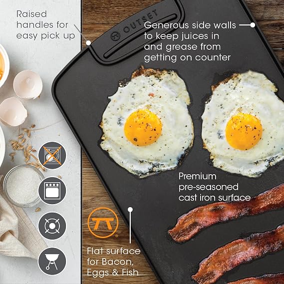 Outset Cast Iron Grill Griddle, Reversible Stovetop and Grill Griddle, 18 x 10