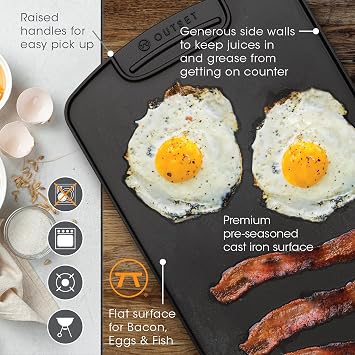 Outset Cast Iron Grill Griddle, Reversible Stovetop and Grill Griddle, 18 x 10