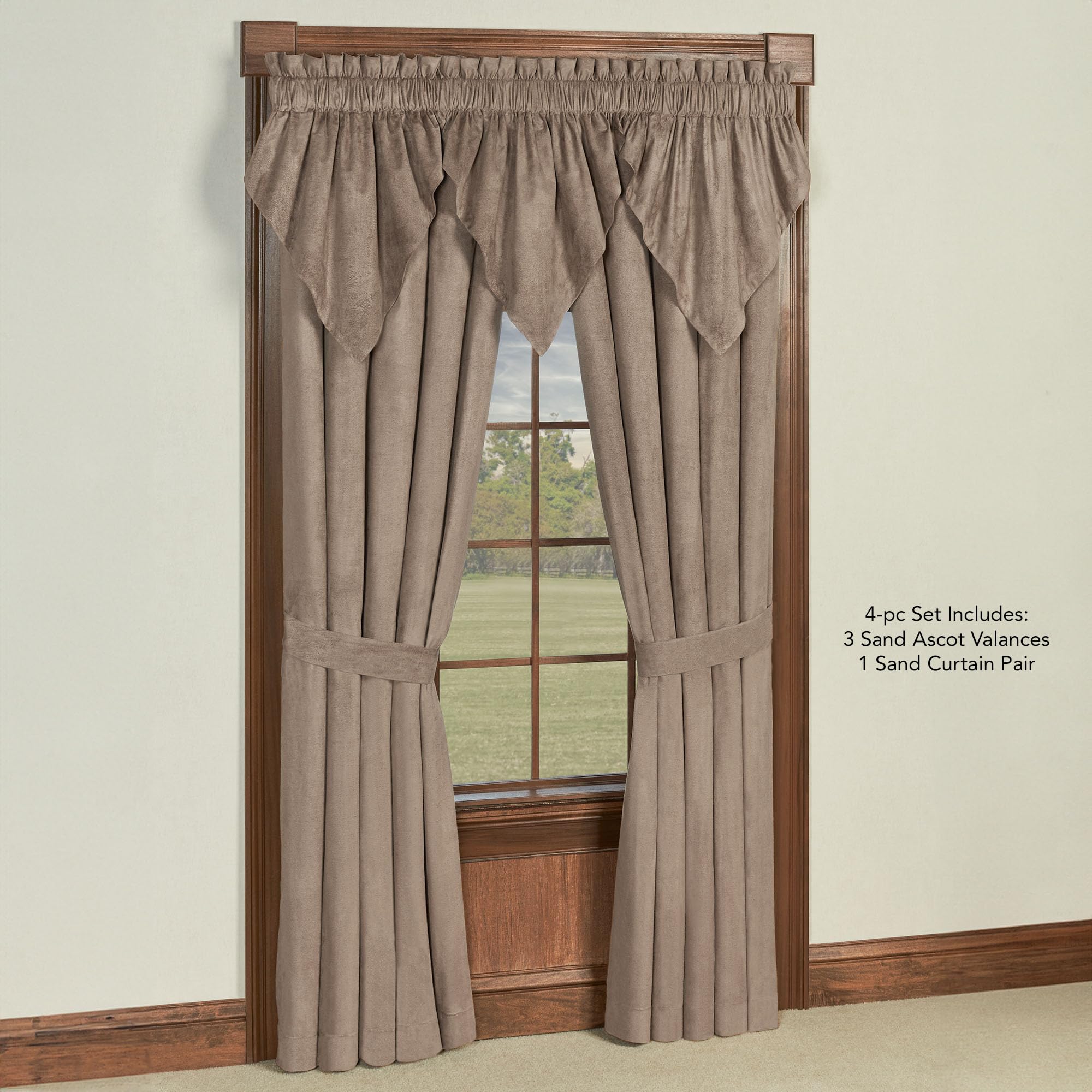 Touch of Class Camden Luxury Window Treatment | Neutral Sand Color | Smooth Faux Suede Design | Designed 4 Piece Drapery Window Set Includes Three Ascot Valances and Curtain Pair