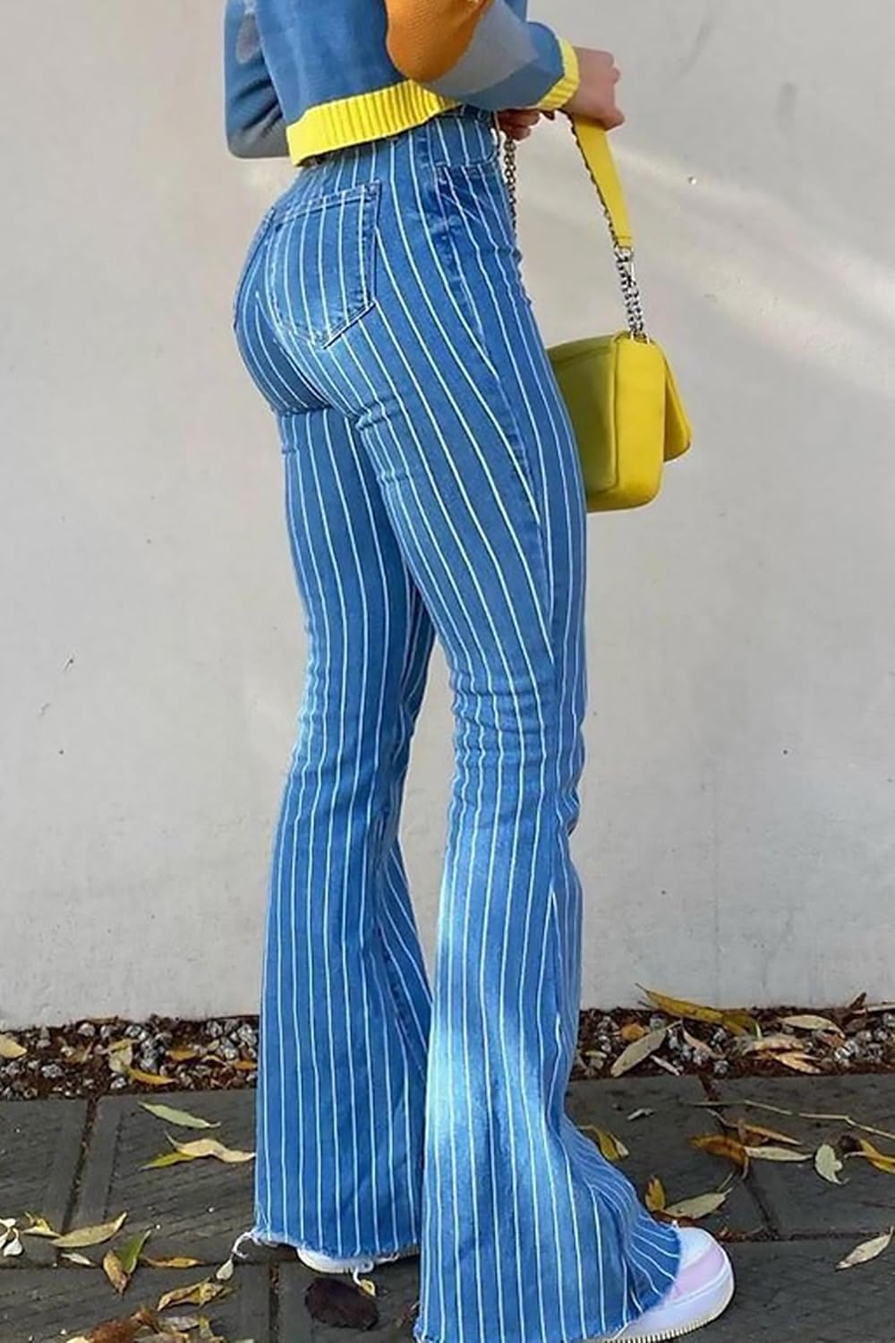 High Waisted Striped Bell Bottom Jeans for Women Stretchy Hem Raw Vintage Wide Leg Flared Denim Pants - Image 2