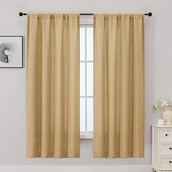 OWENIE Gold Curtains for Bedroom Living Room 63 Inch Length 2 Panels Set, Soft Elegant Light Filtering Faux Linen Textured Window Curtain Panels with Rod Pocket, Gold, Each 40" Wx63 L