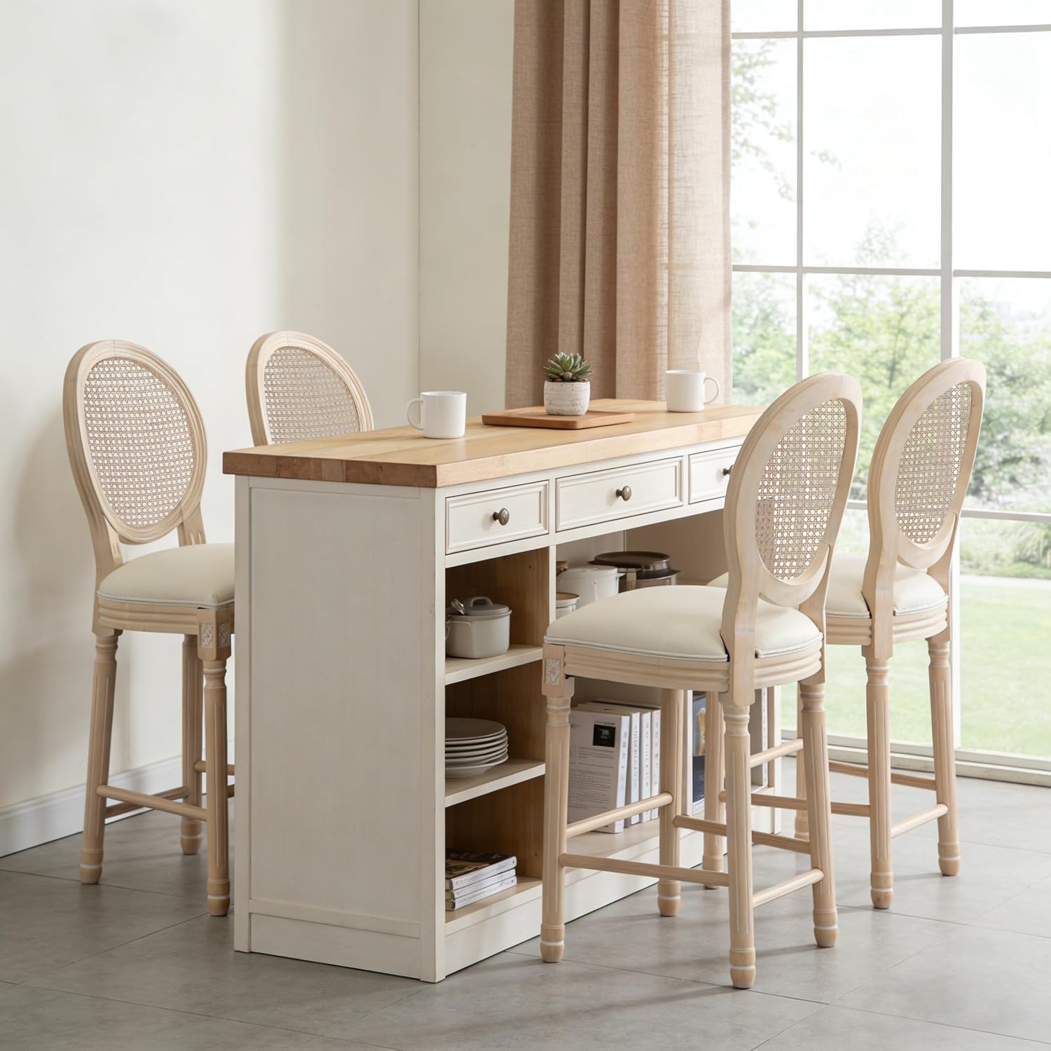 French Country Barstool Set of 4, Linen Farmhouse Counter Height Chair with Round Back and Solid Wood Legs, Oval Chairs for Bar, Kitchen, Restaurant