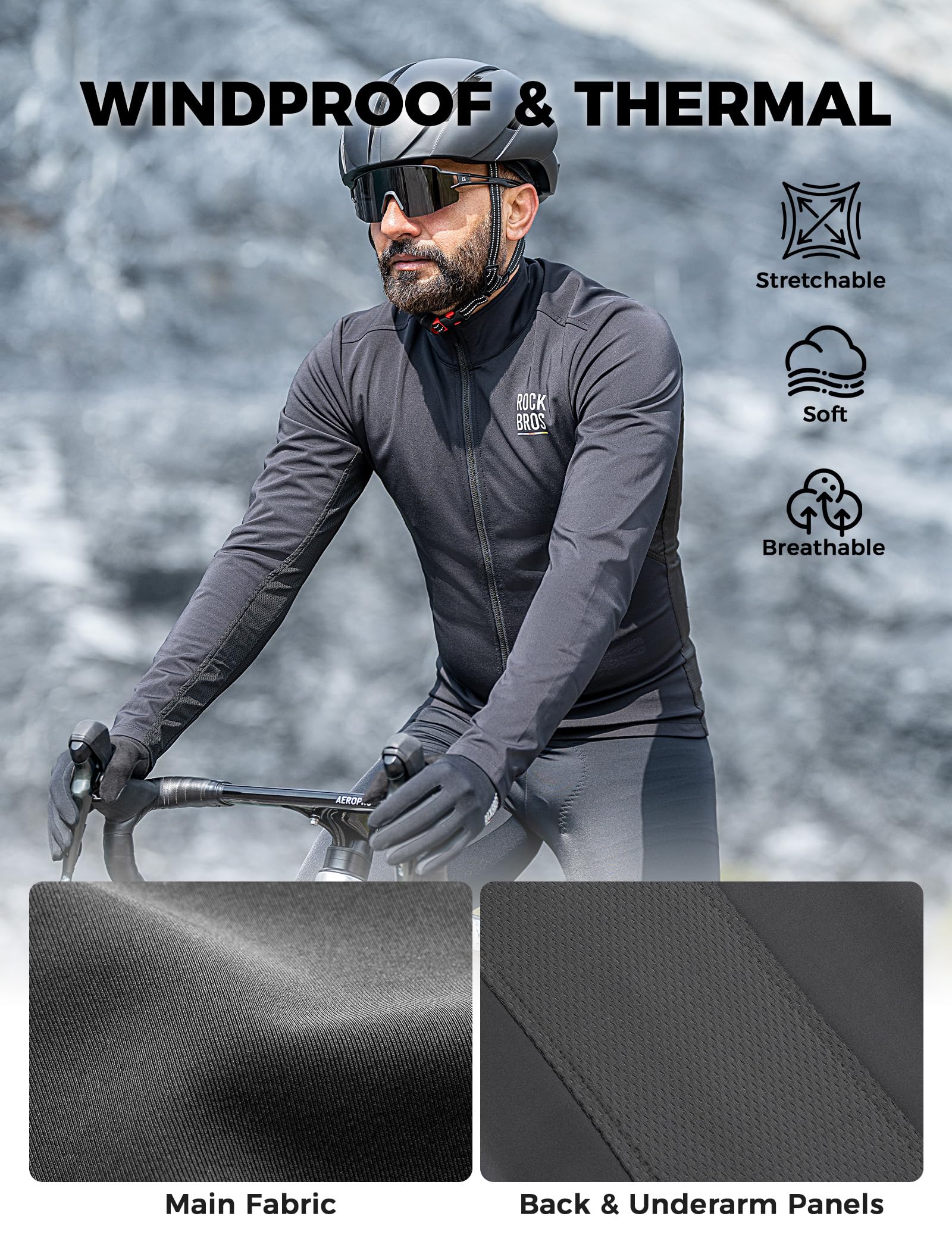 ROCKBROS Road to Sky Maglia Ciclismo Uomo, Elastico Antivento Sportivo | Manica Lunga Asciugatura Rapida, 3 Tasche con orlo antiscivolo, Traspirante per MTB, Gravel, Bici da Strada