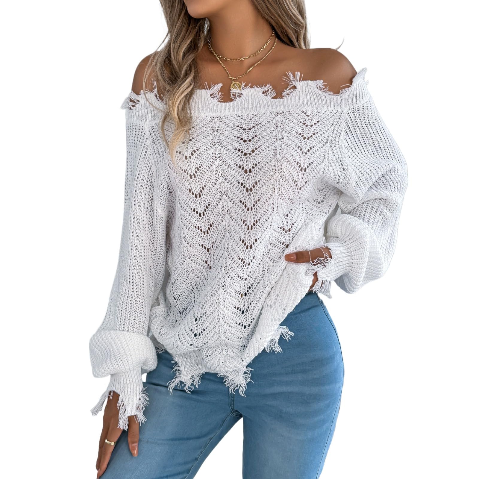 KIRYU Maglione da donna pigro a maniche lunghe Top Off The Spalle allentate Pullover Maglioni Maglia Girocollo Elegante Quotidiano