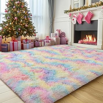 8x10 Fluffy Rainbow Rug for Living Room, Large Colorful Tie Dyed Shaggy Area Rugs for Bedroom Girls Kids Room, Soft Non Slip Fuzzy Shag Rug for Nursery Dorm Home Decor