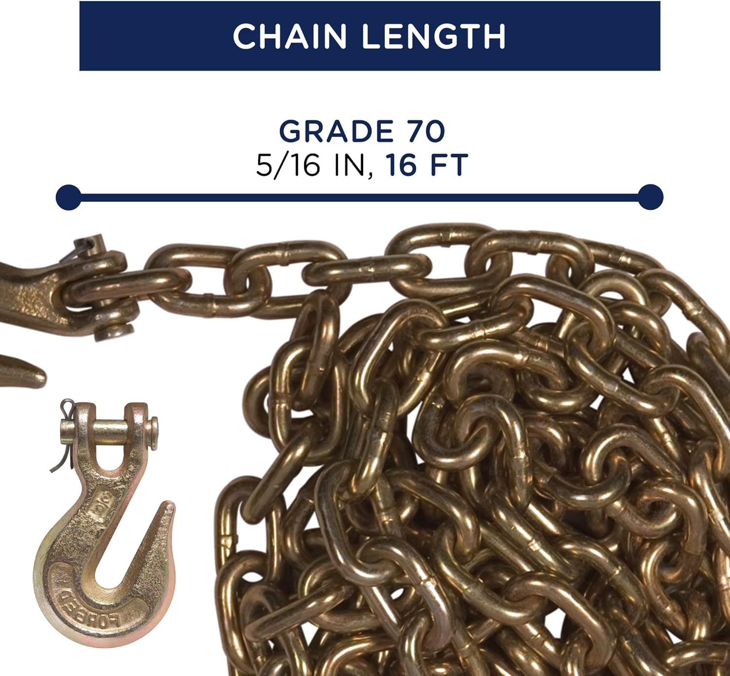 Ben-Mor Carbon Steel Tow Chain with Hooks – Heavy-Duty Tow Chain – DOT Approved – 4,700 Lbs Working Load Limit – Grade 70 – Yellow Chromate Finish (16 FT)