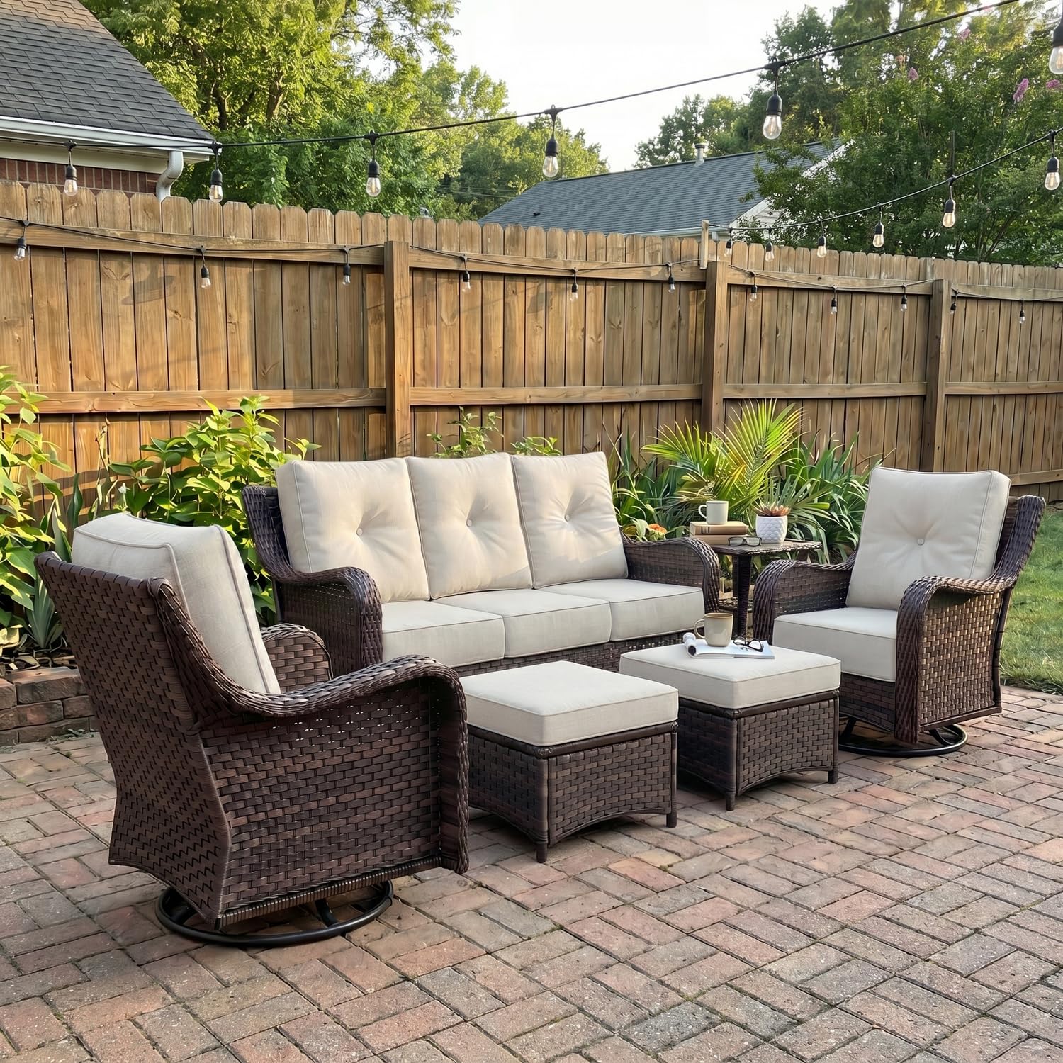 LayinSun 6 Piece Wicker Outdoor Furniture Set with 6-inch Comfy Cushions