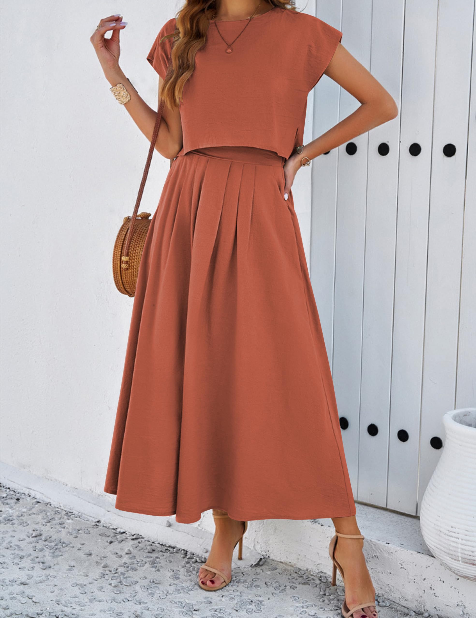 HangNiFang Sommer-Set für Damen, 2-teilig, Maxikleid und Oberteil mit Flügelärmeln, elastischem Bund und Taschen