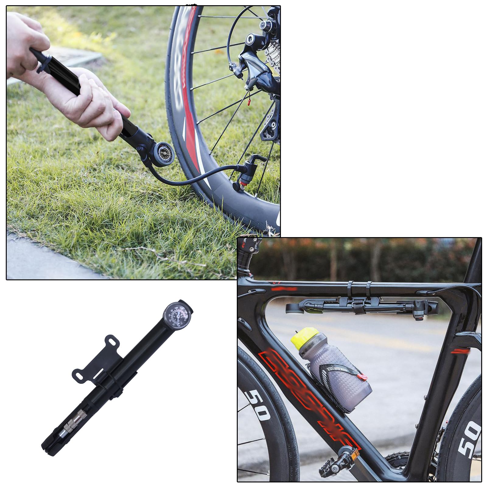 Pompe à air portable 2 en 1 pour vélo - 160 PSI - 11 bar - Avec manomètre - Noir