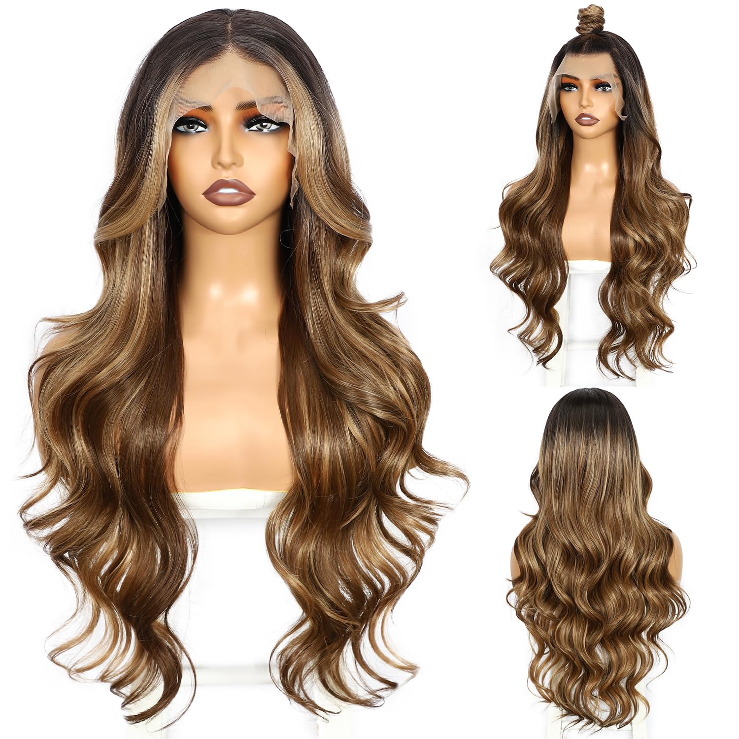 SOMIARIK Auburn Brown Wavy Wig for Women 13x4 Transparent Synthetic Lace Front Long Bright Brown Wigs Middle Part Wavy Natural Looking Heat Resistant Fiber for Daily Party Use 26 Inch