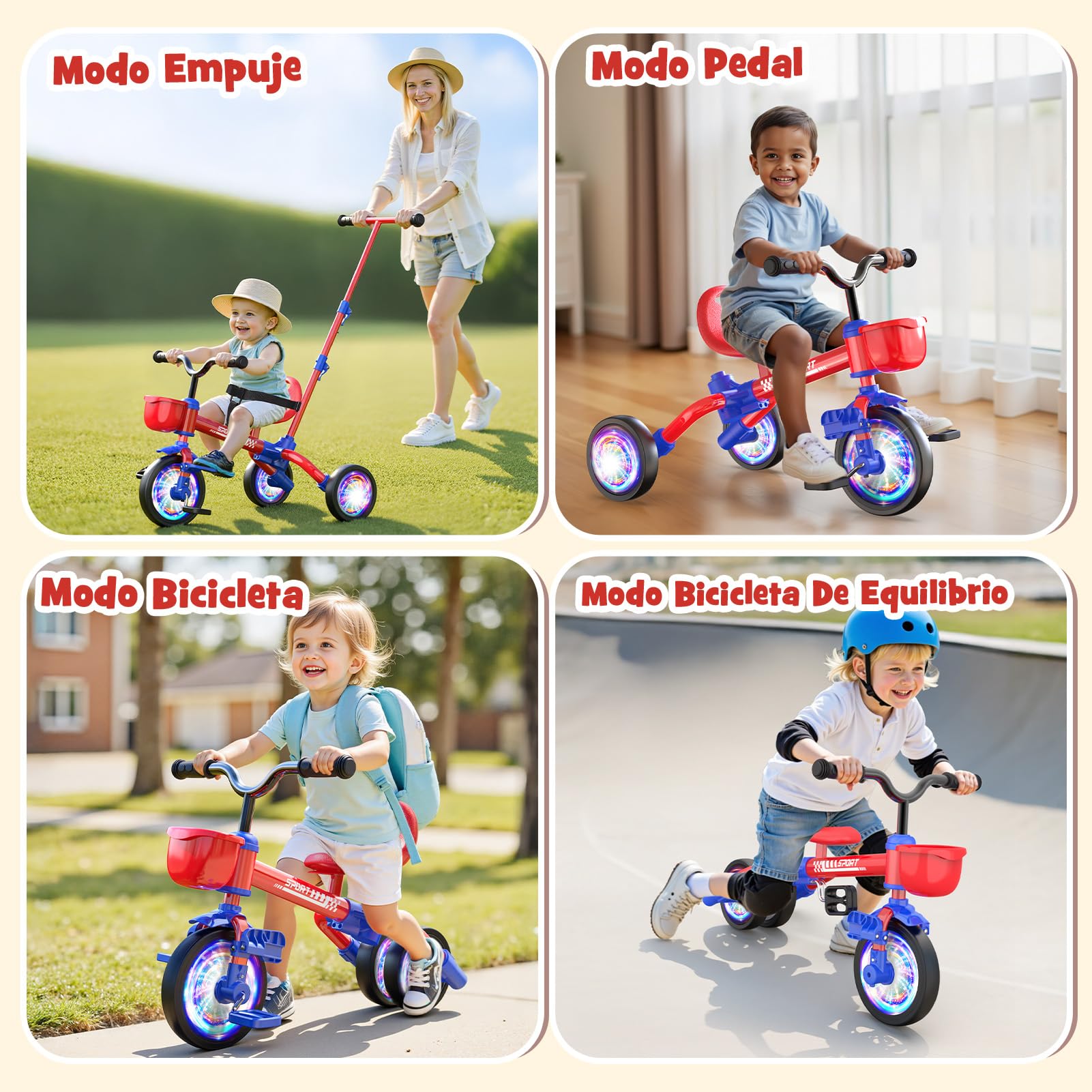HappyGoLucky Triciclo 5 En 1 Evolutivo Bebe, Bici Bicicleta Niñas 1-3 Años-Ruedas Luminosas/Asa Parental/Asientos&Pedales Regulables
