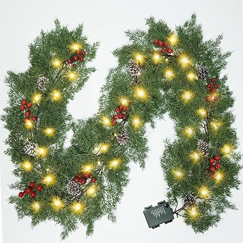 Miniatura 9 de Guirnalda de luces de Navidad de 6.56 pies, 40 luces LED, funciona con pilas, guirnaldas iluminadas con temporizador, bayas rojas, piña, ciprés,