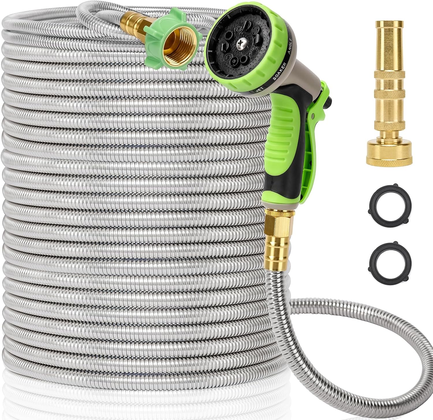 Metal Garden Hose 100FT, Stainless Steel Heavy Duty Water Hose with 10 Function Nozzle & Brass Nozzle, Sturdy and Lightweight, No Kink & Tangle, Easy to Use & Store, Suitable for Yard and Lawn