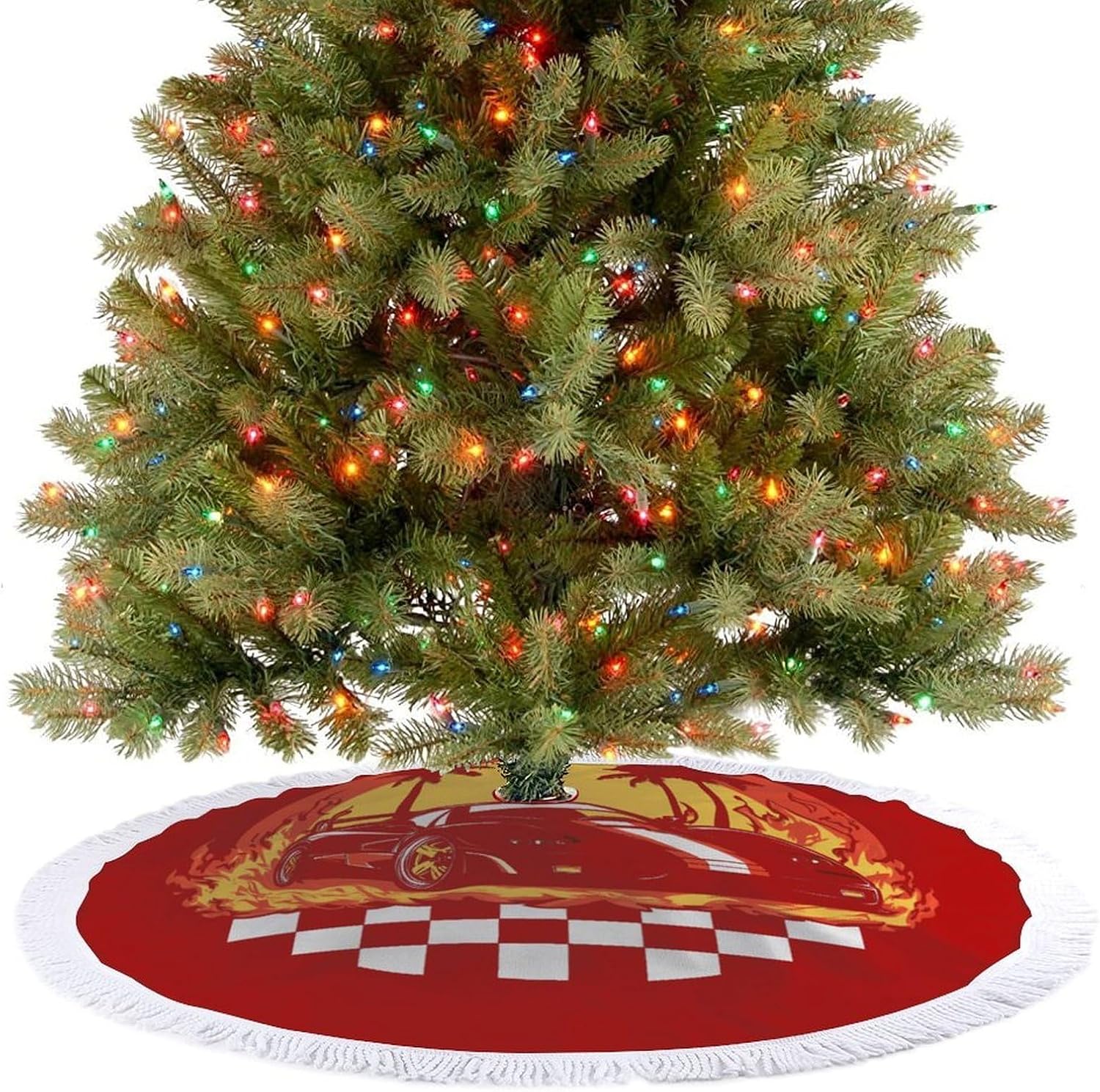 Us Muscle-Car Racing Christmas Tree Skirt Round Xmas Tree Mat Ornaments Tree Skirts with Tassels for Holiday Party