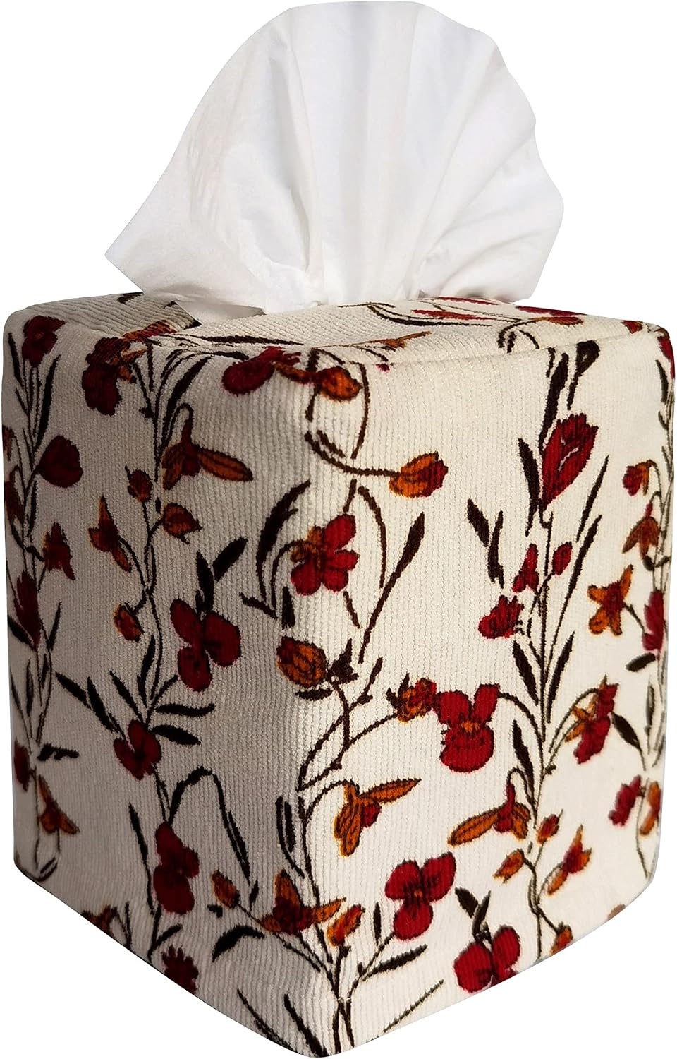 Fabric Tissue Box Cover Square, Vintage Floral Print Corduroy Tissue Holder, Bouquet Wrapping Bag 4.4"X4.4"X5.1", Creamy White