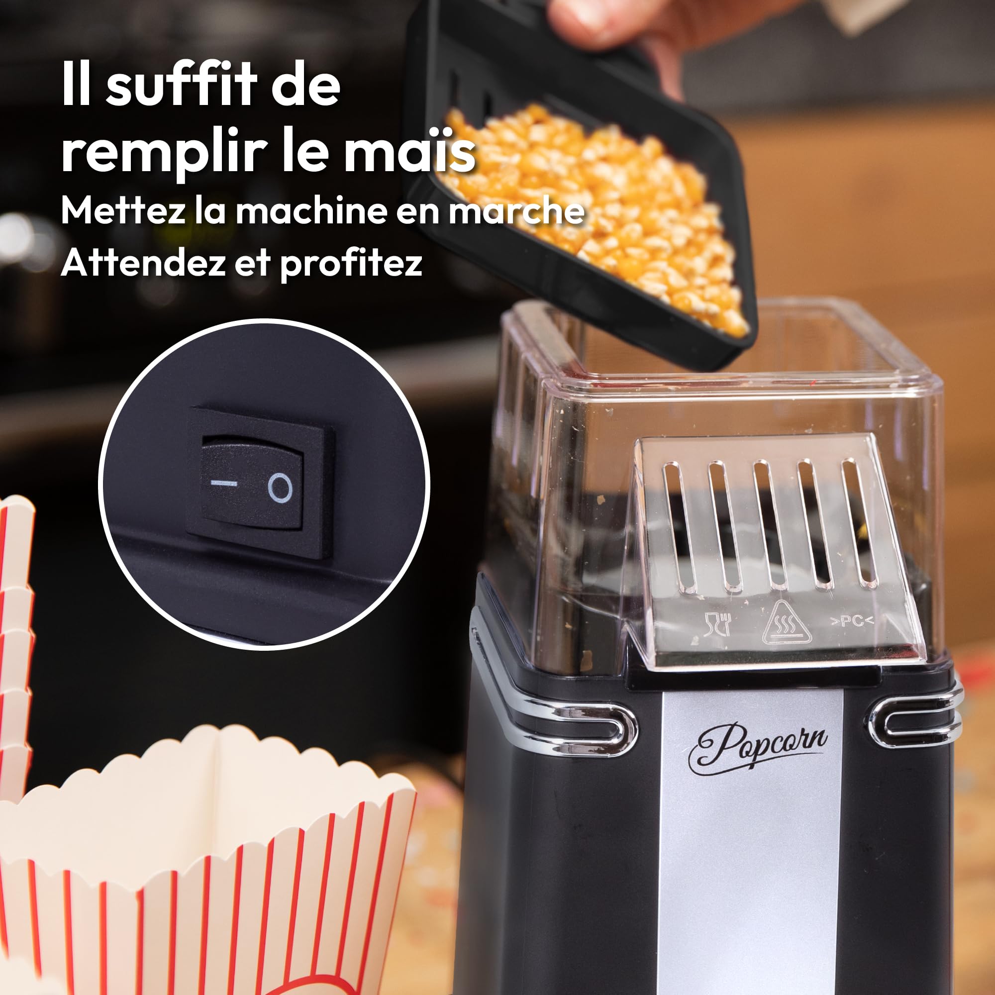Gadgy Machine à Pop-Corn - Appareil à Popcorn - Machine à Pop-Corn à Air Chaud Rapide - Sans Huile, sans Graisse - avec Tasse à Mesurer et Couvercle Supérieur Amovible - Revêtement Noir Rétro